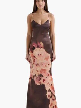 House of CB Mariamma Dark Brown Floral Printed Satin Maxi Dress - Large